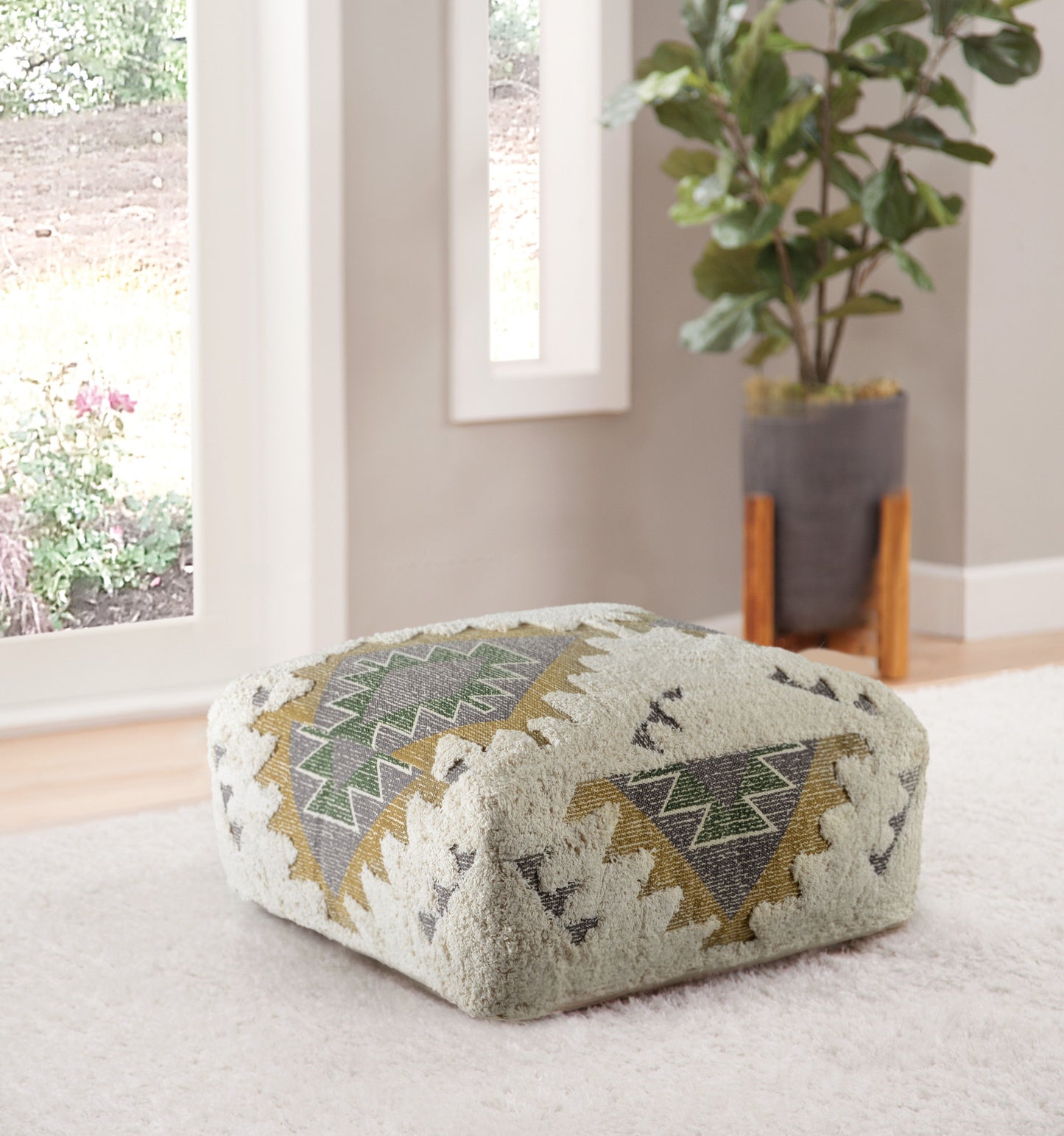 Lyssa - Jacquard Fabric Printed Pouf - Beige