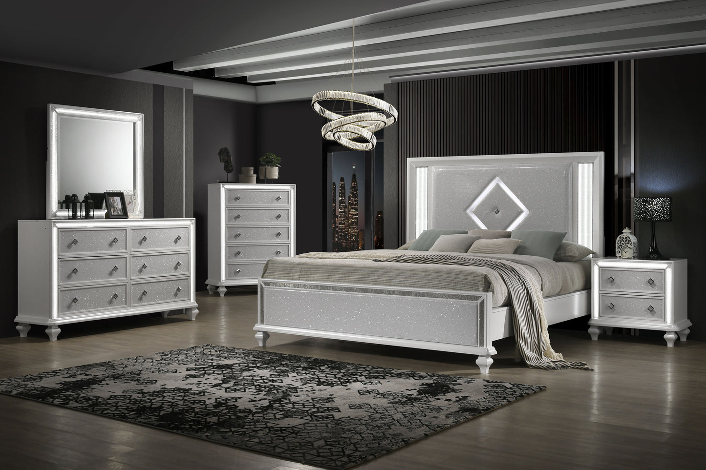 Stardust - 6/6 Eastern King 5 Piece Bedroom Set (Bed, Dresser, Mirror, Chest, Nightstand) - Pearl Silver