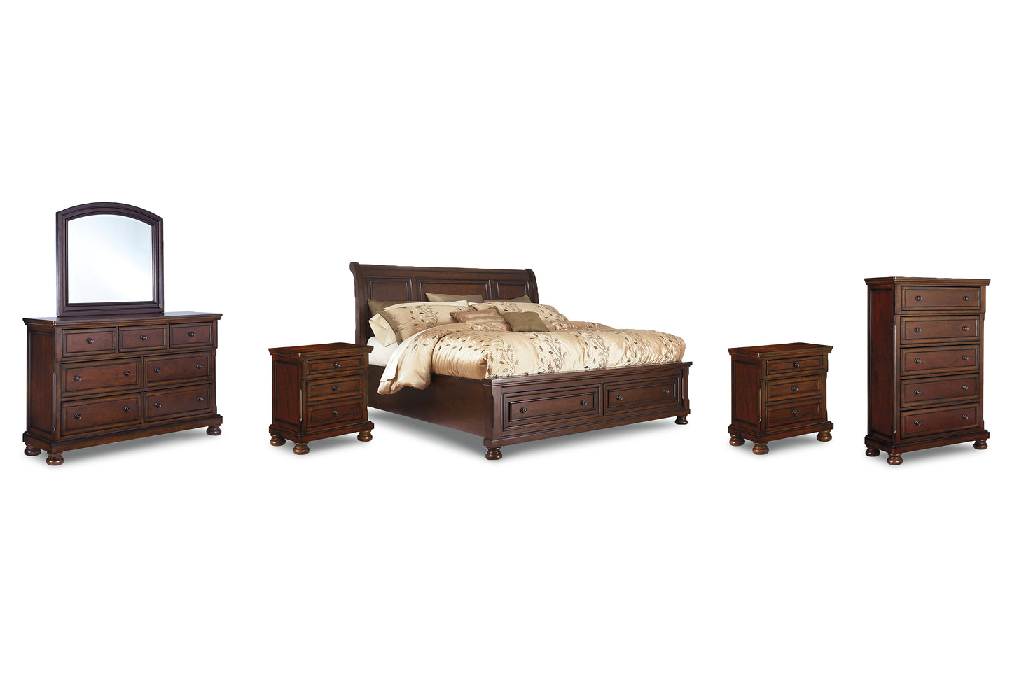 Porter  Sleigh Bed With Mirrored Dresser, Chest And 2 Nightstands