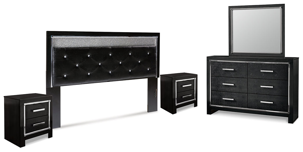 Kaydell King Upholstered Panel Headboard with Mirrored Dresser and 2 Nightstands