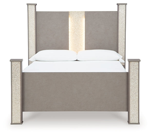 Surancha Queen Poster Bed with Mirrored Dresser and Nightstand