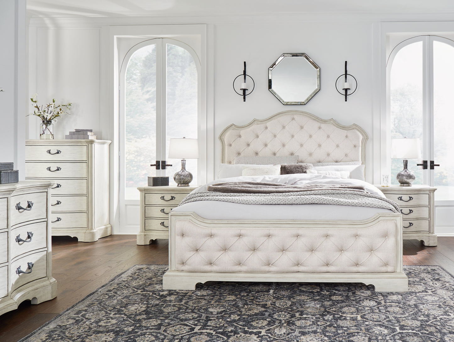 Arlendyne California King Upholstered Bed with Mirrored Dresser, Chest and 2 Nightstands