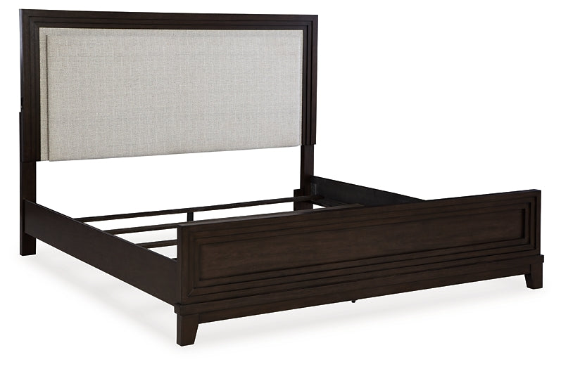 Neymorton Queen Upholstered Panel Bed with Mirrored Dresser and Nightstand