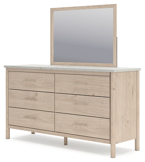 Cadmori Queen Upholstered Panel Bed with Mirrored Dresser and Chest